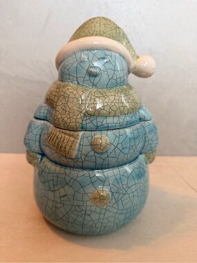 Hand Painted Ceramic Snowman Centerpiece Container w/ Removable Lid Christmas